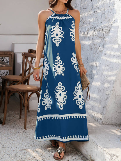 Indy Abstract Halter Neckline Maxi Dress - Navy
