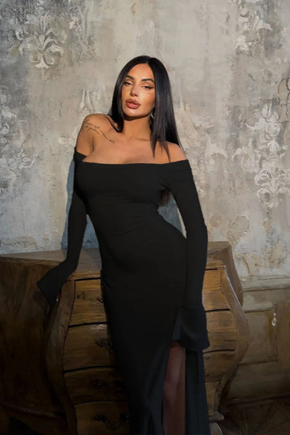Off Shoulder Tie Fitted Maxi Dress