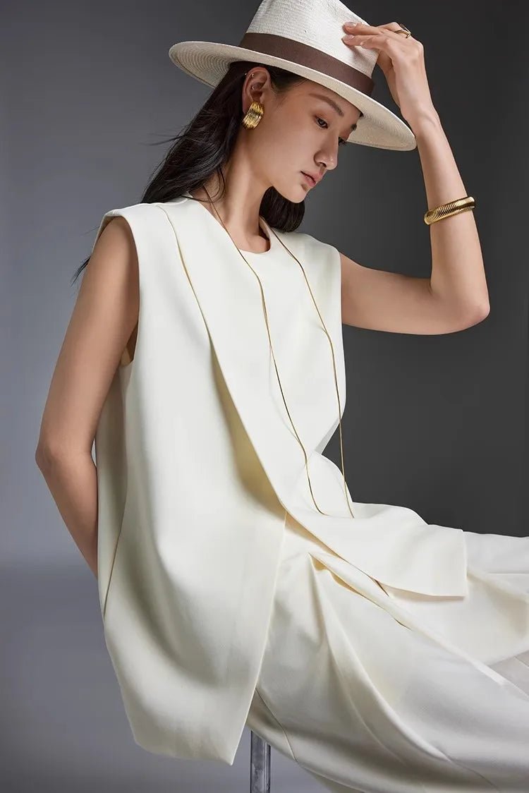 Off-white Suit Vest Wide Leg Pants Set for Summer | Two-piece Set