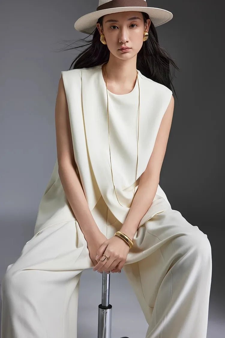 Off-white Suit Vest Wide Leg Pants Set for Summer | Two-piece Set