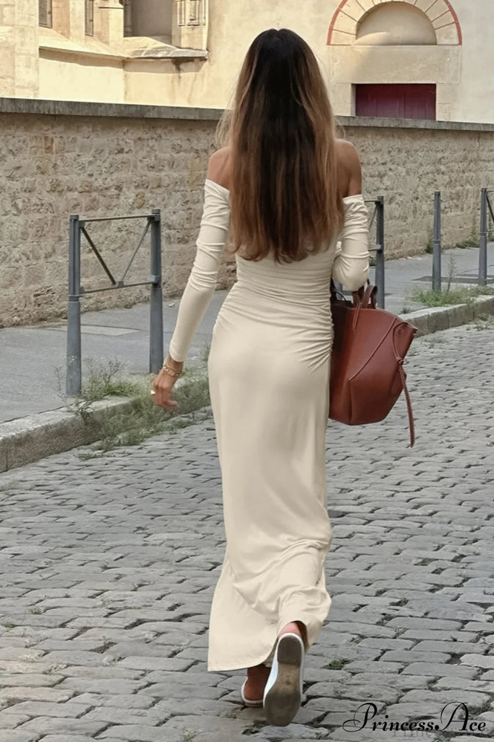 Open Back Ruched Long Sleeve Off Shoulder Maxi Dress