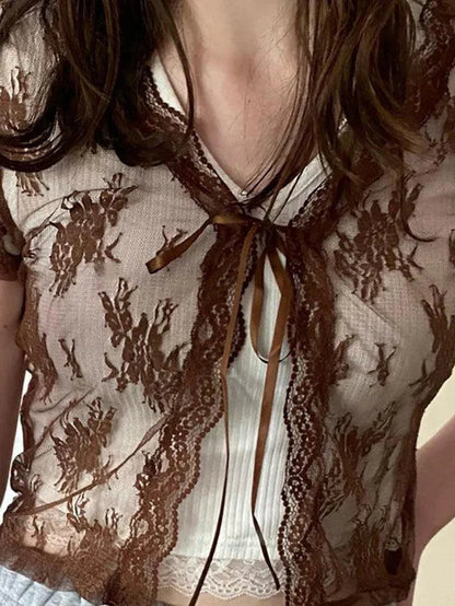 Y2k Open Front Lace Long Sleeve Crop Blouse