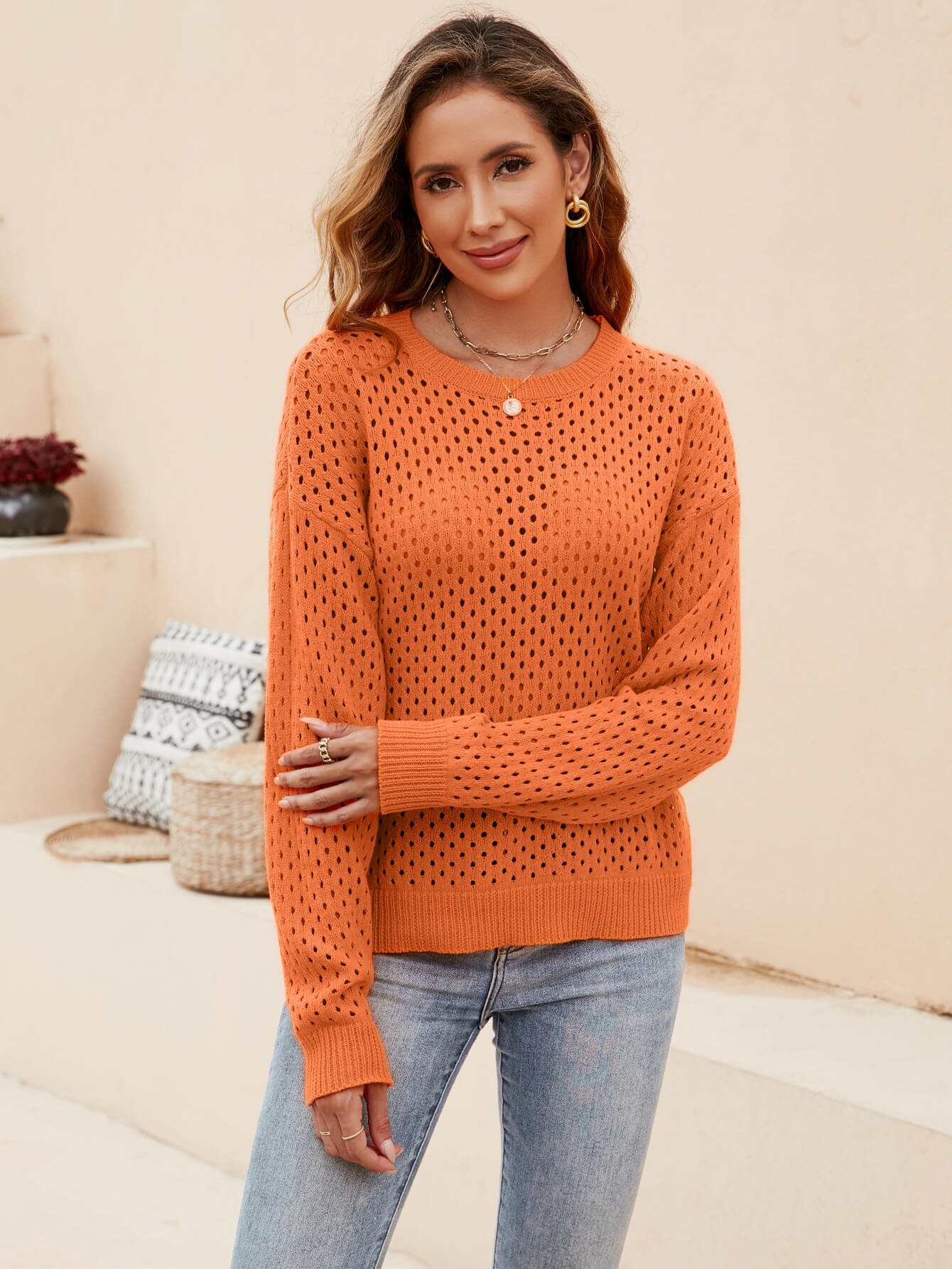 Izzy Crochet Knit Pullover Sweater - Orange