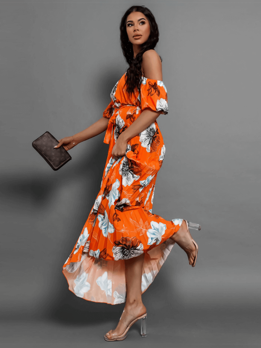 Rosalie Off the Shoulder Plisse Maxi Dress - Orange
