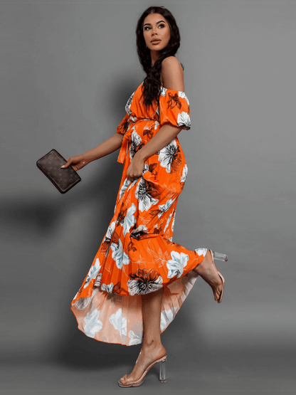 Rosalie Off the Shoulder Plisse Maxi Dress - Orange