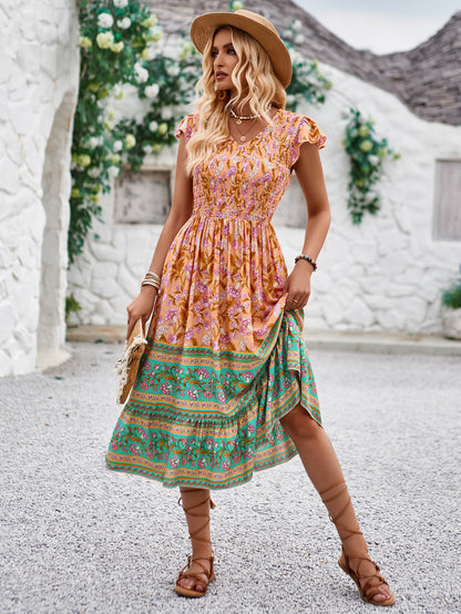Ashlyn V-neck Tiered Midi Dress - Orange