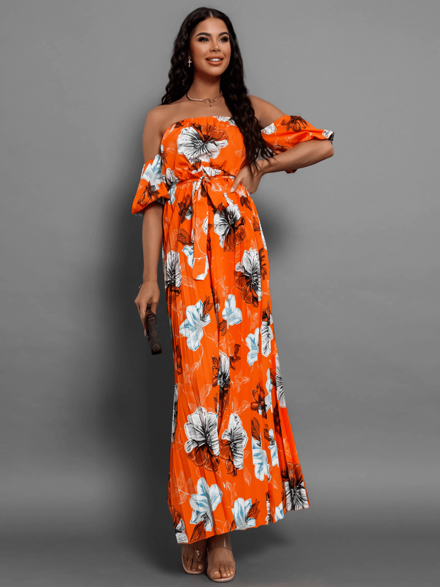 Rosalie Off the Shoulder Plisse Maxi Dress - Orange
