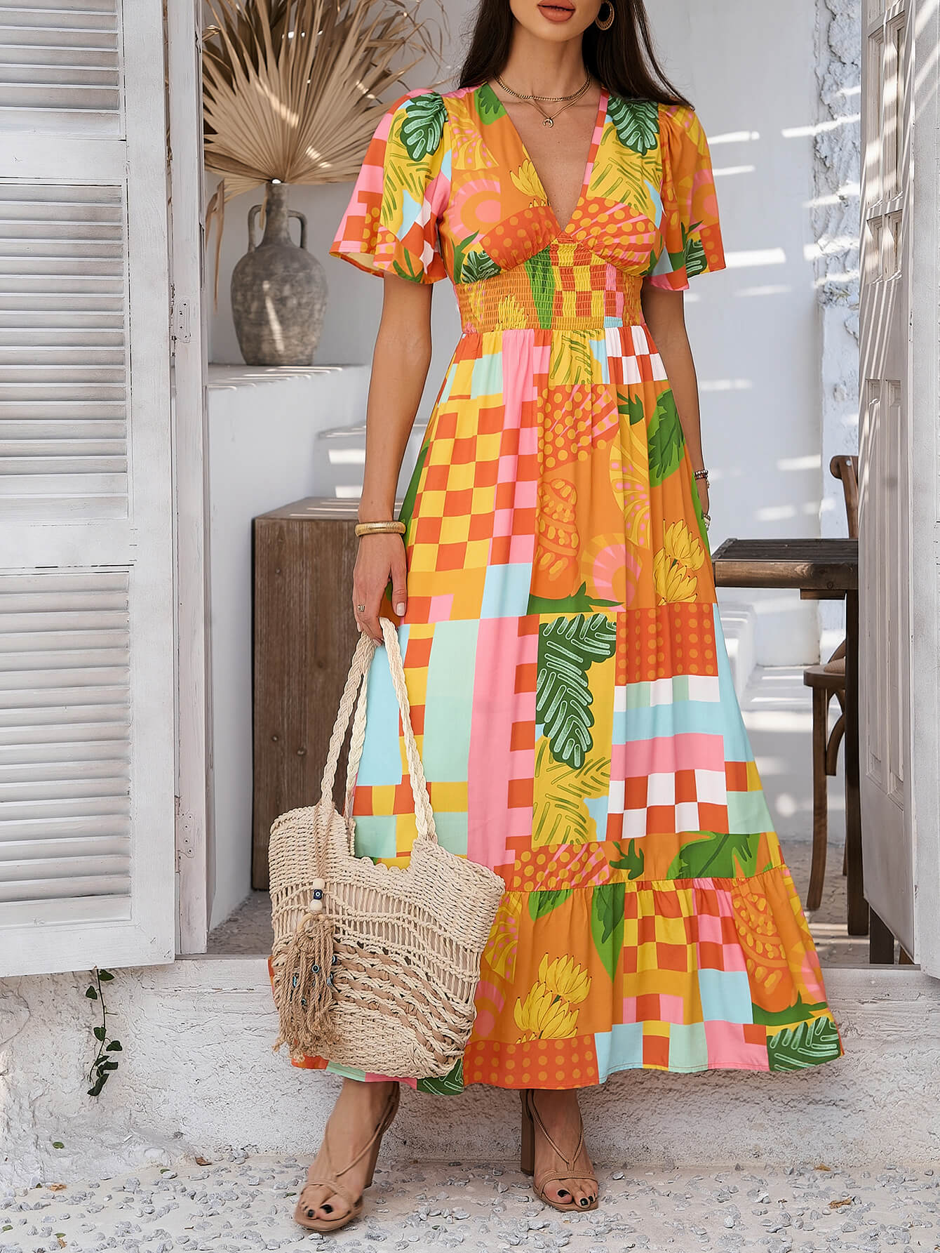 Tropical Drift Abstract Maxi Dress - Orange