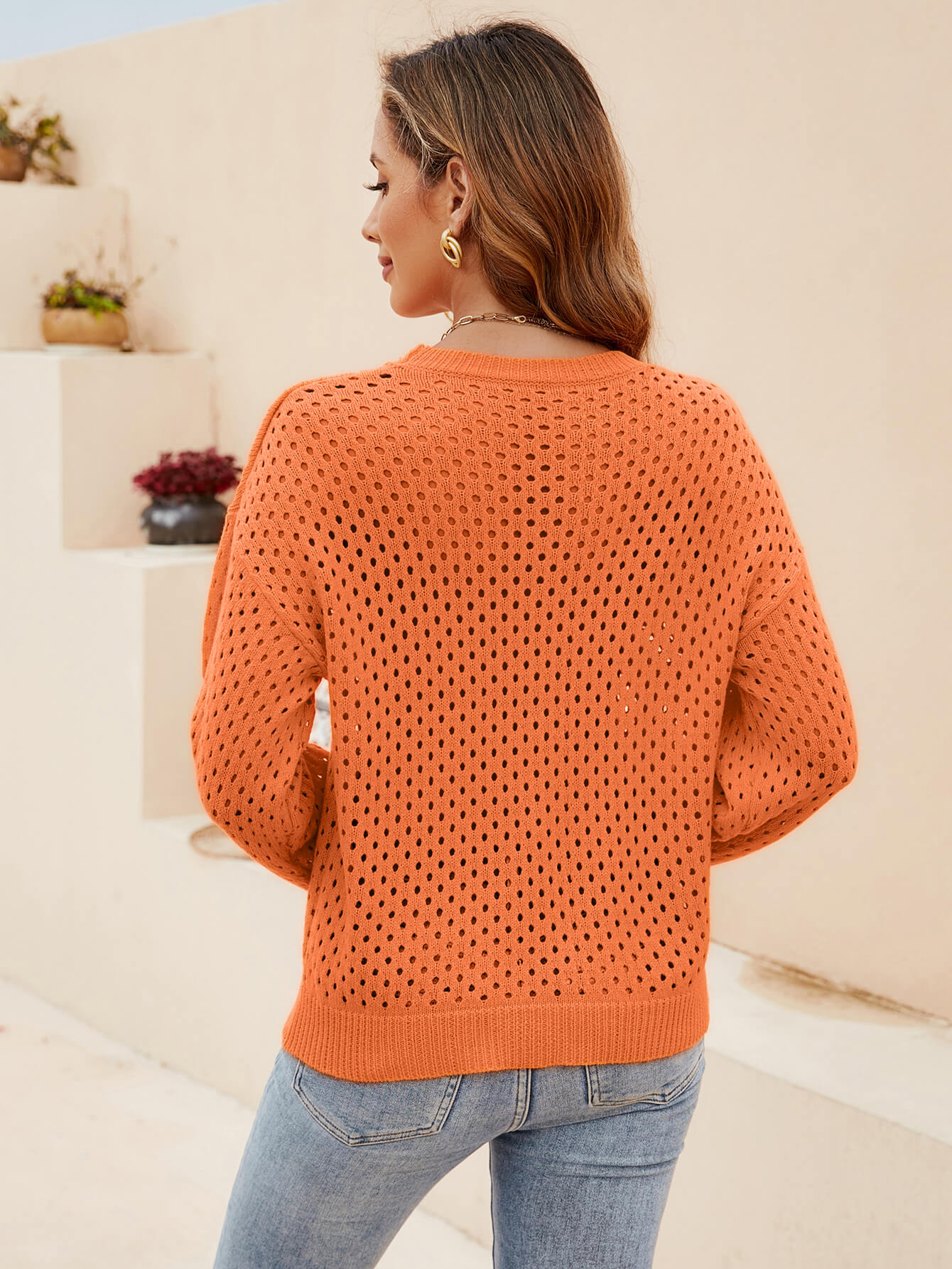 Izzy Crochet Knit Pullover Sweater - Orange