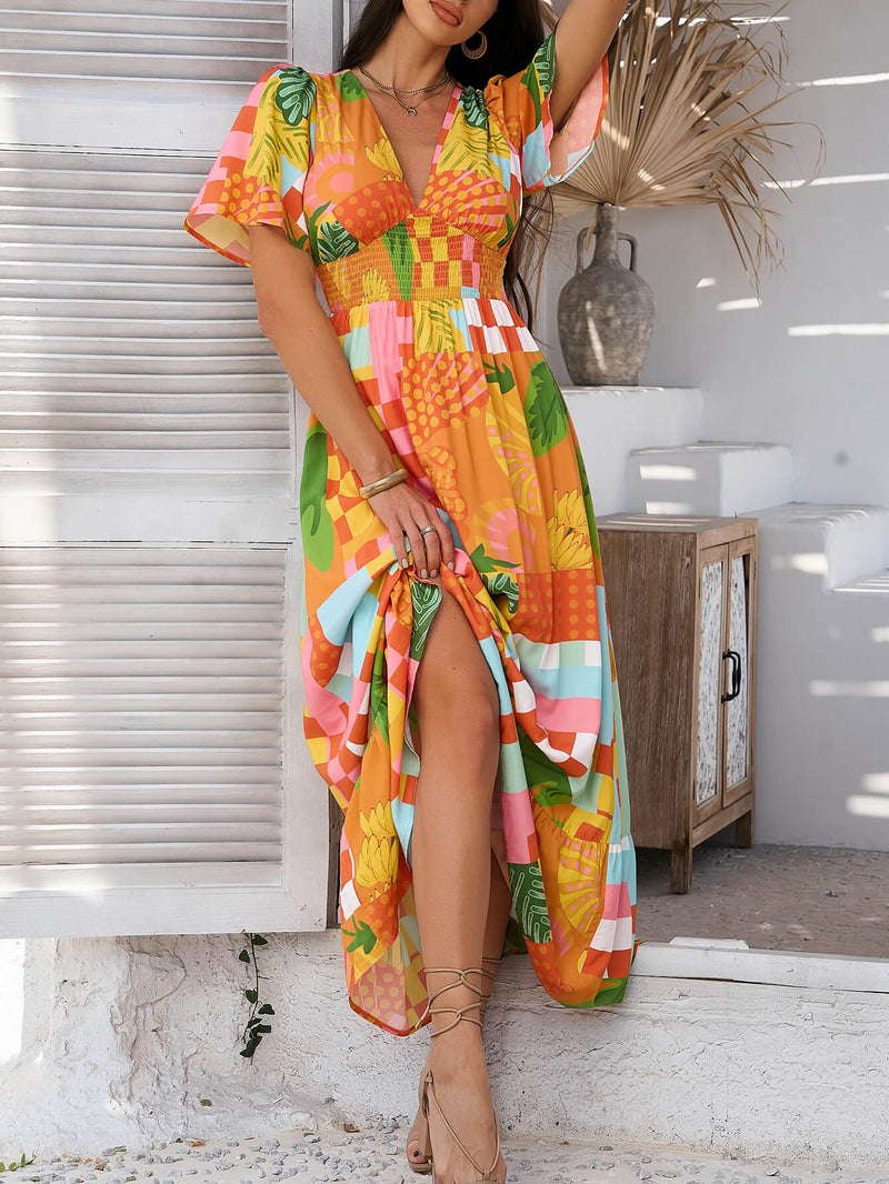 Tropical Drift Abstract Maxi Dress - Orange