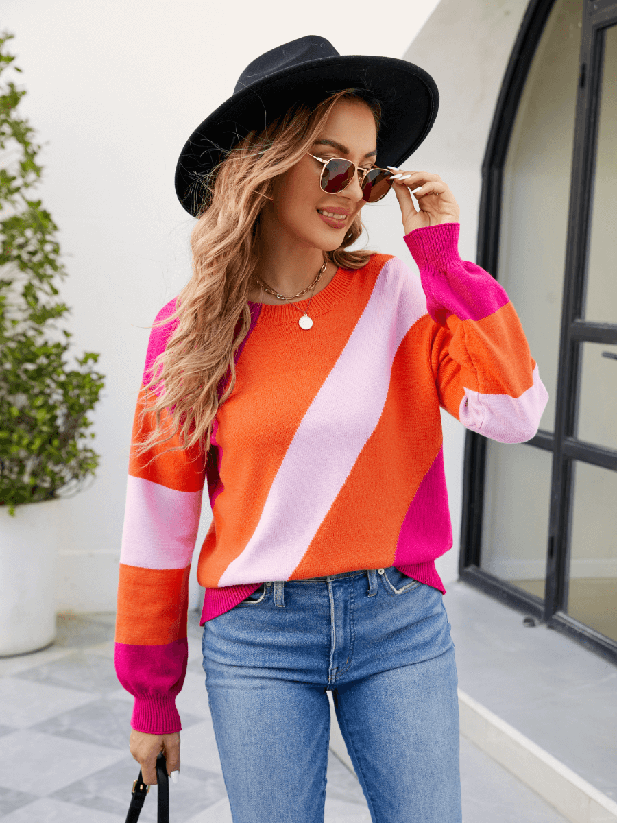 Leia Diagonal Strip Colorblock Sweater - Orange