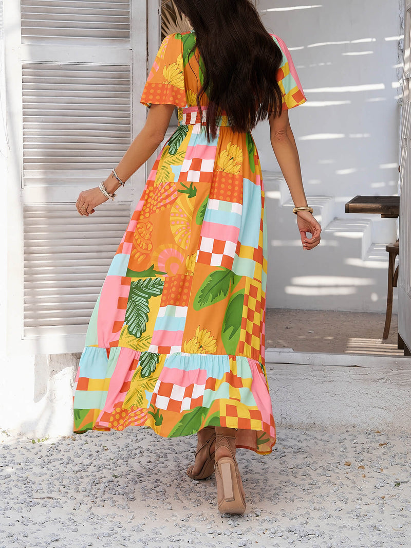 Tropical Drift Abstract Maxi Dress - Orange