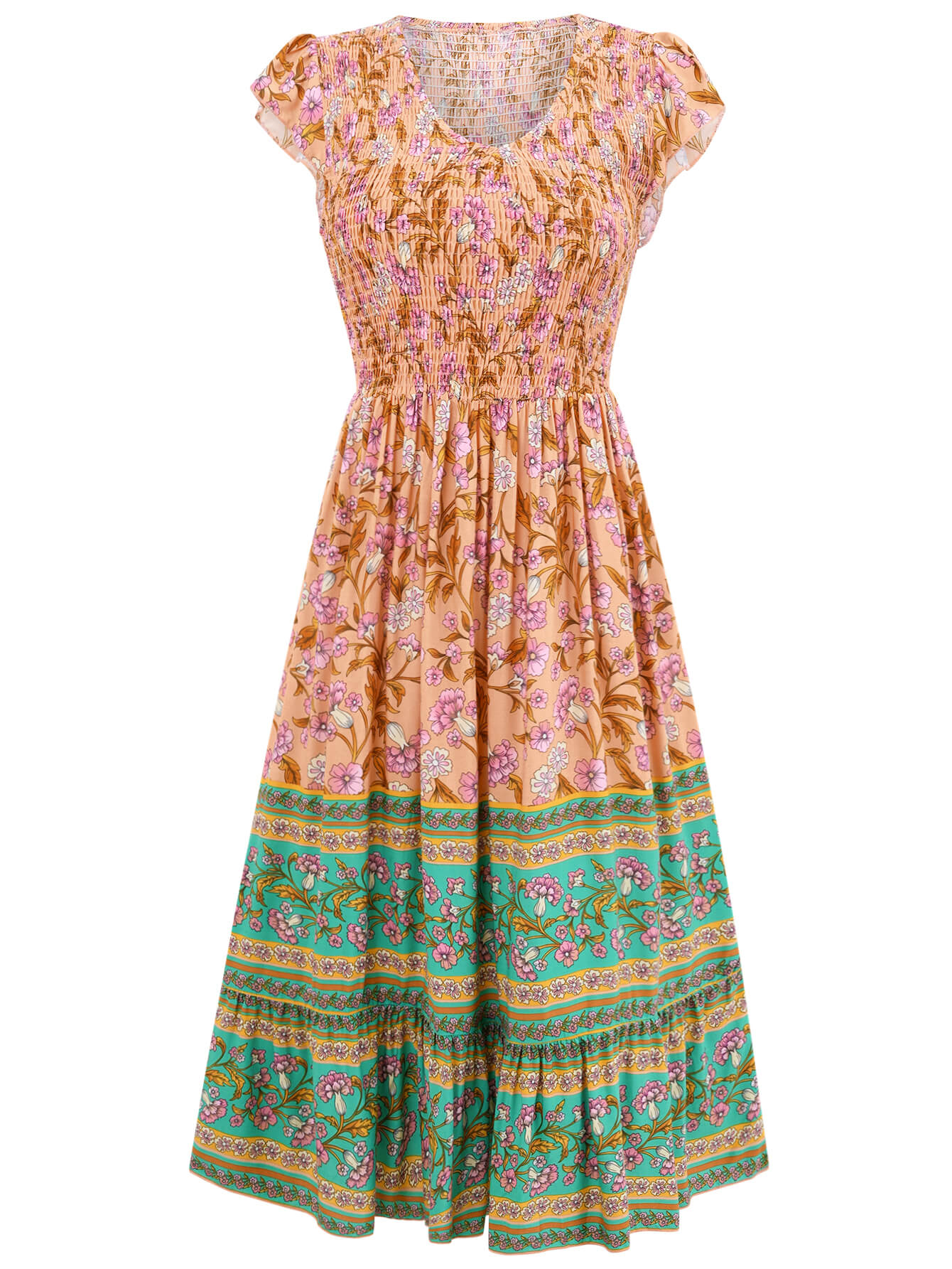 Ashlyn V-neck Tiered Midi Dress - Orange