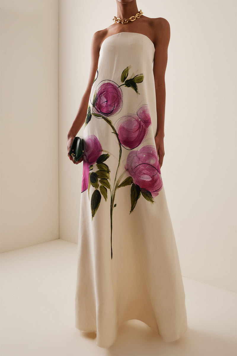 Dorothy Print Strapless Satin Maxi Dress