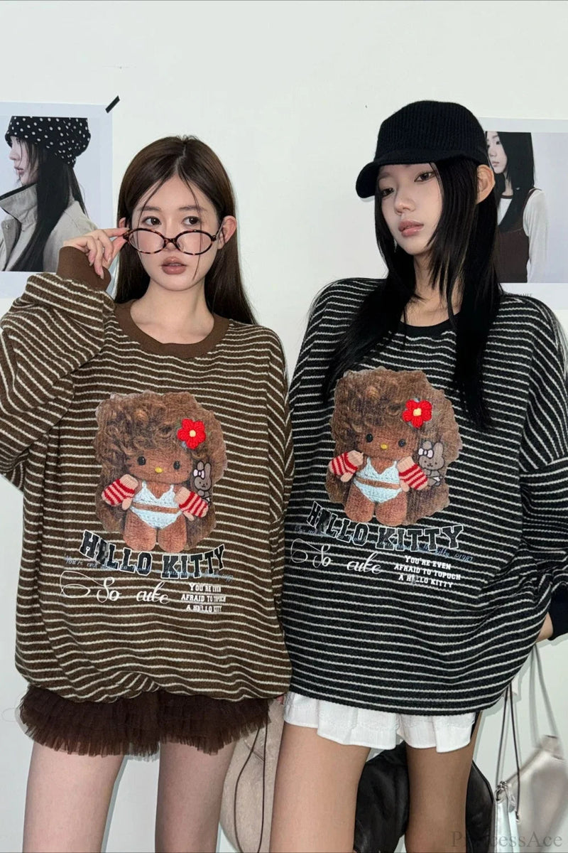 Oversized Striped Exploding Afro Hello Kitty Print Sweatshirt