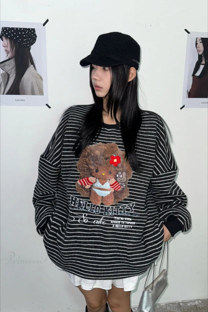 Oversized Striped Exploding Afro Hello Kitty Print Sweatshirt