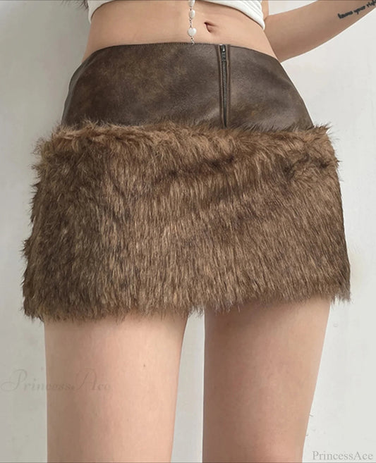 Patchwork Pu Leather Furry Skirt