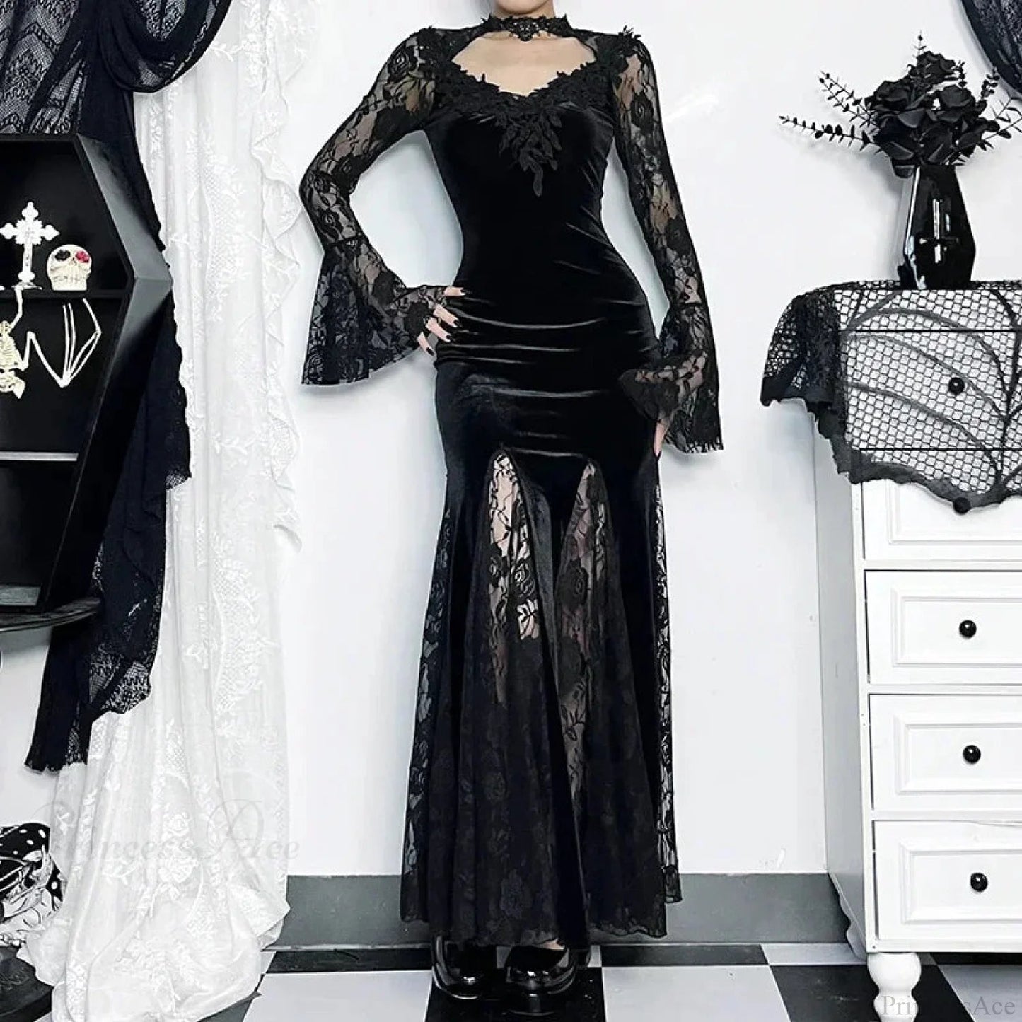 Patchwork Velvet Long Sleeve Midi Dress