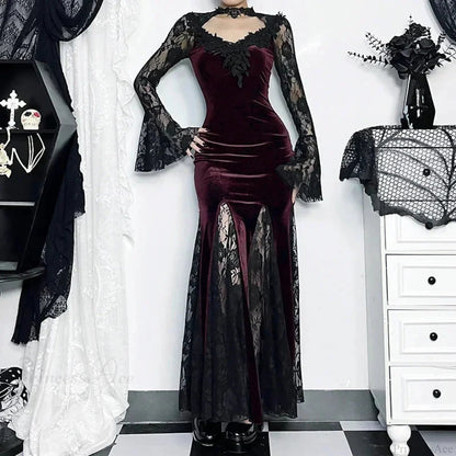 Patchwork Velvet Long Sleeve Midi Dress