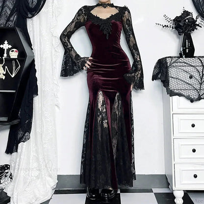 Patchwork Velvet Long Sleeve Midi Dress