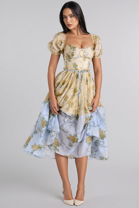 Elowen Yellow Rose Chiffon Midi Dress