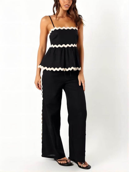 Sleeveless Loose Plain Two-piece Wavy Lace Wide-leg Pants Set