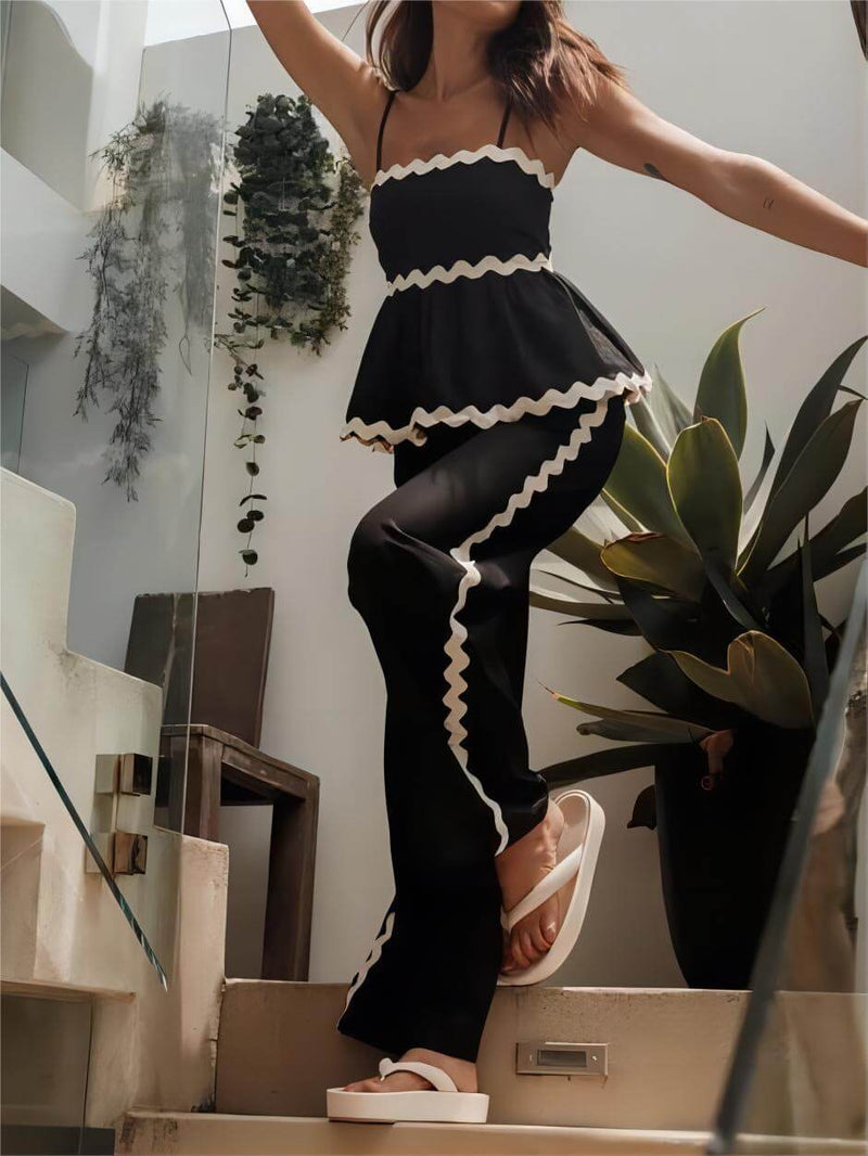 Sleeveless Loose Plain Two-piece Wavy Lace Wide-leg Pants Set