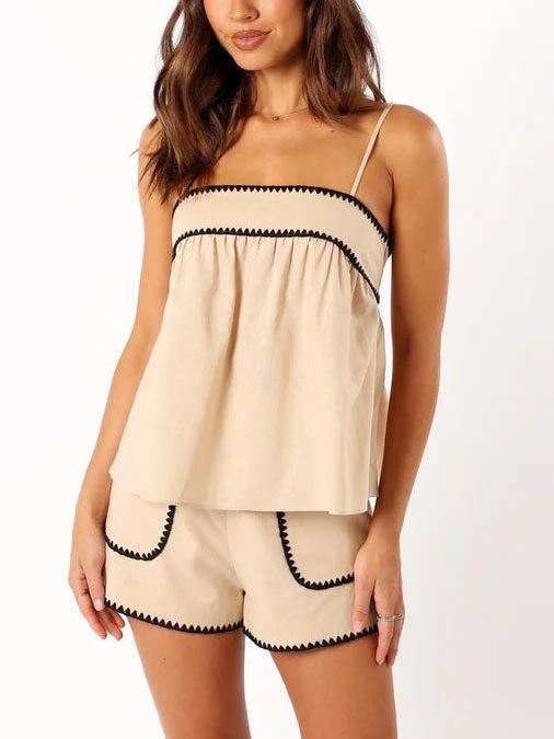 Color Suspenders Contrasting Color Shorts Two-piece Set