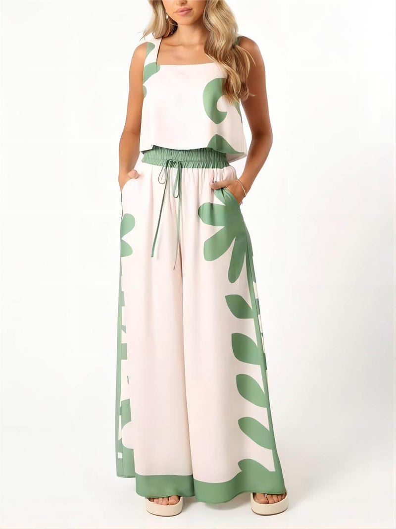 Sleeveless Folk Loose Wide-leg Pants Set