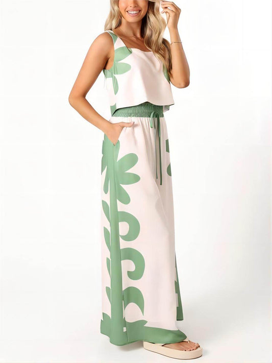 Sleeveless Folk Loose Wide-leg Pants Set