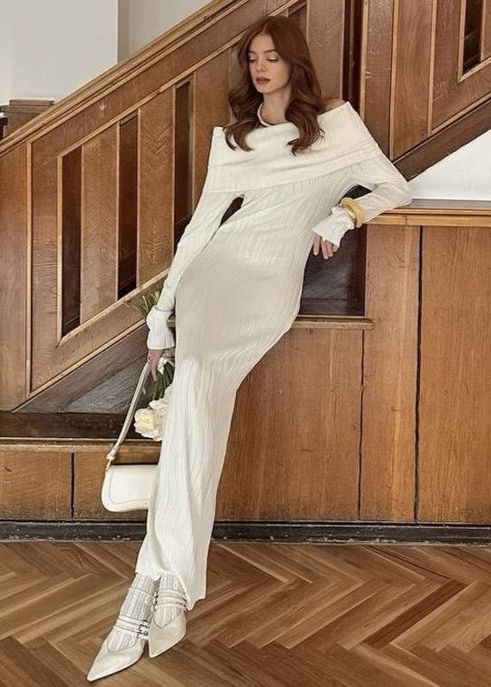 Off-shoulder Ivory Ribbed Knit Maxi Dress – Long Sleeve Bodycon