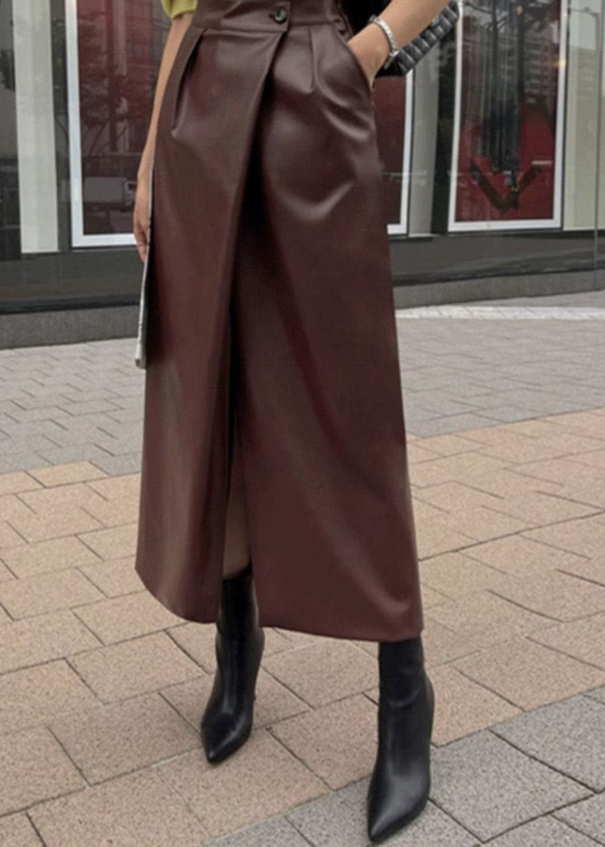Brown Faux Leather Wrap Midi Skirt – High Waist Front Slit