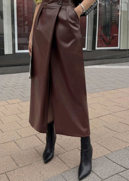 Brown Faux Leather Wrap Midi Skirt – High Waist Front Slit