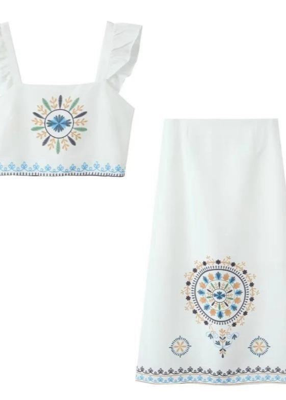 Solandra - Embroidered Two-piece Set With Ruffle Straps