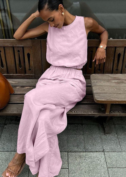 Savanna Wide-leg Set – Beige Sleeveless Top & High-slit Palazzo Pants