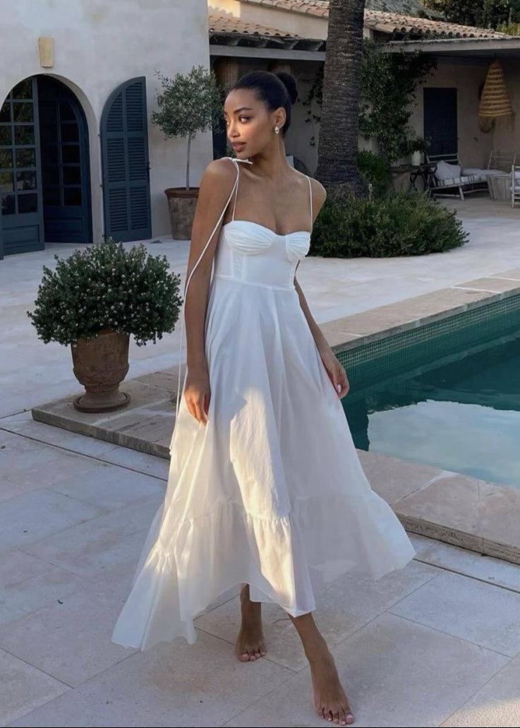 Santorini Breeze - Flowy Maxi Dress With Tie Straps