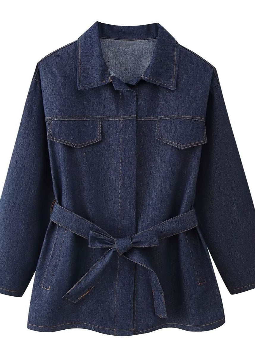 Indigo Structure Denim Set – Belted Oversized Jacket and Straight-leg Pants