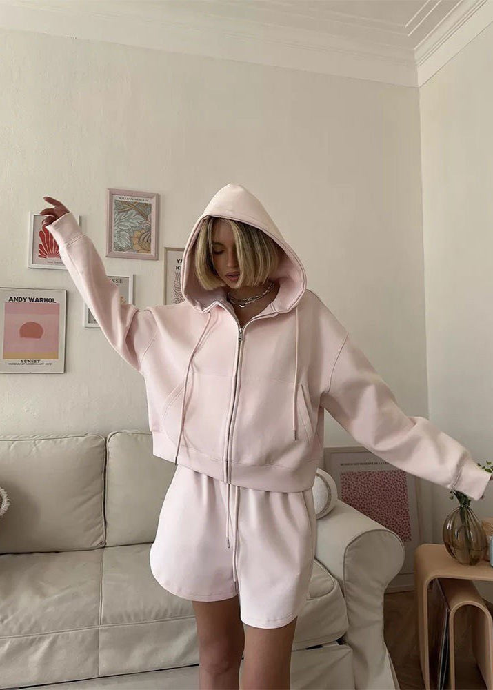 Blush Ease - Zip-up Hoodie & Lounge Shorts Set