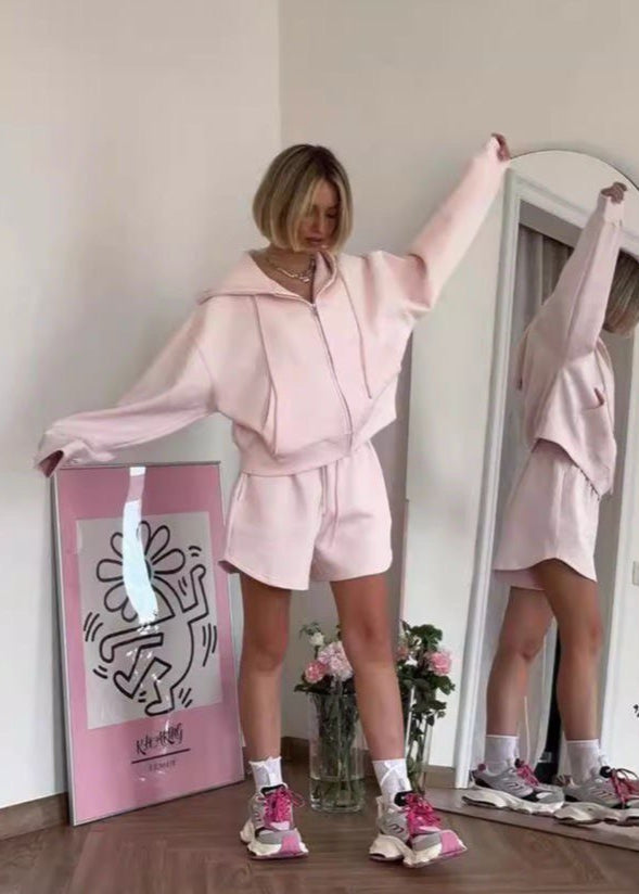 Blush Ease - Zip-up Hoodie & Lounge Shorts Set