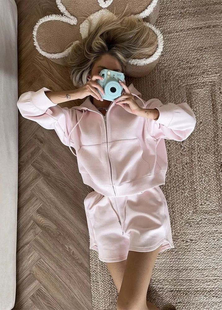 Blush Ease - Zip-up Hoodie & Lounge Shorts Set