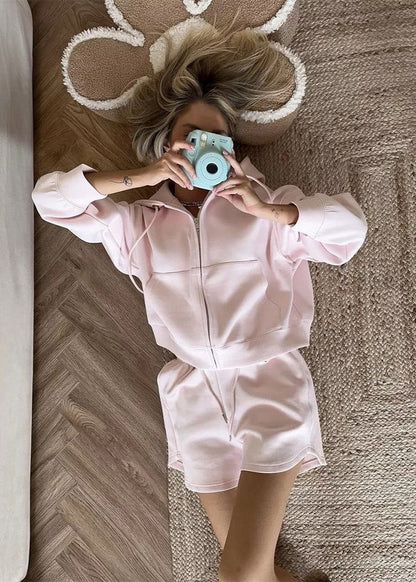 Blush Ease - Zip-up Hoodie & Lounge Shorts Set