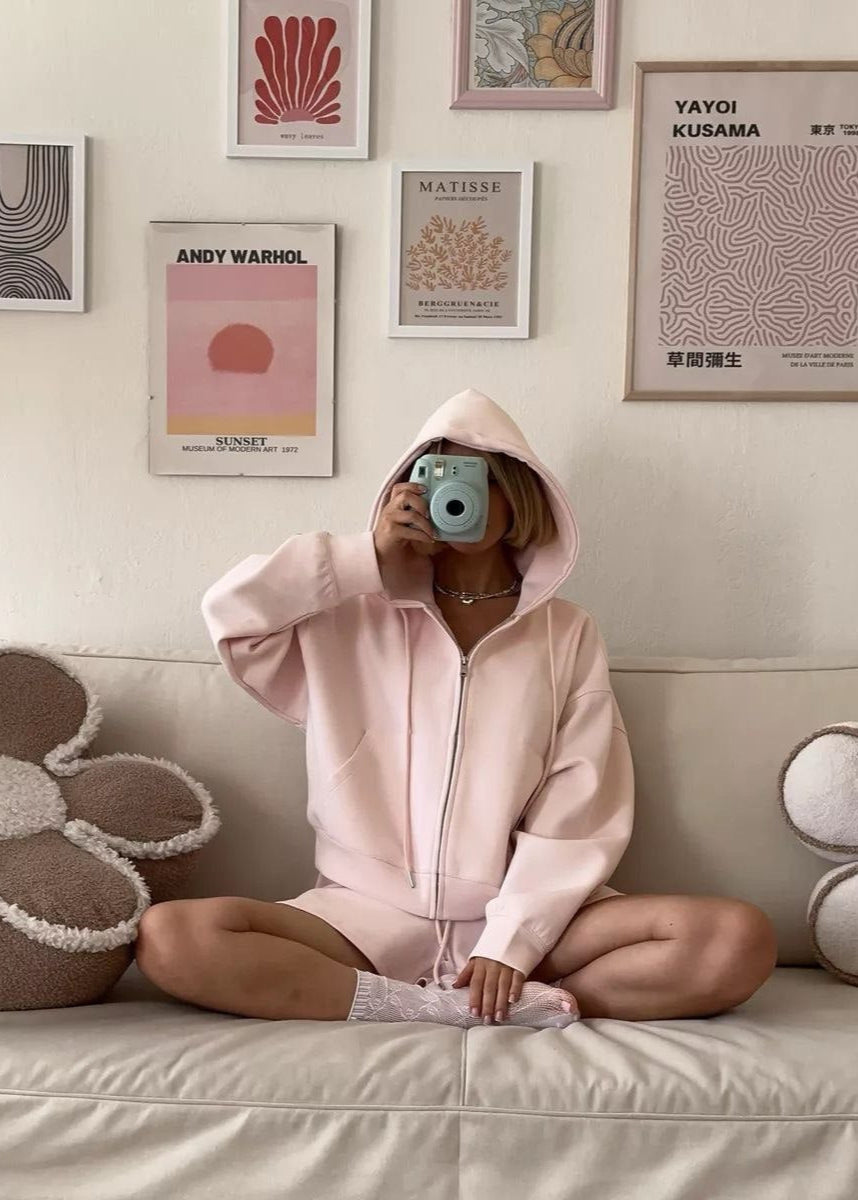 Blush Ease - Zip-up Hoodie & Lounge Shorts Set