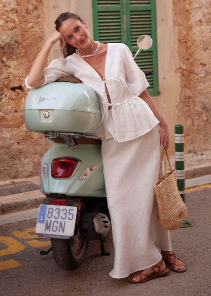 Verona - Cotton Peplum Set With Puff Sleeves and Maxi Skirt