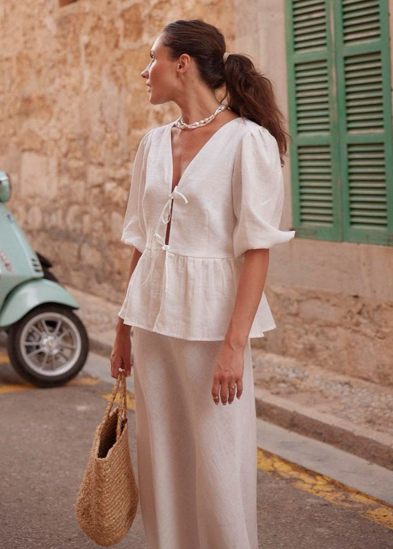 Verona - Cotton Peplum Set With Puff Sleeves and Maxi Skirt