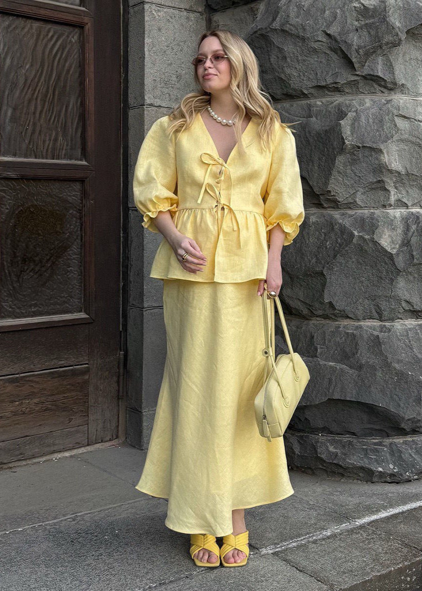 Solara - Puff Sleeve Cotton Set With Tie Waist and Maxi Skirt