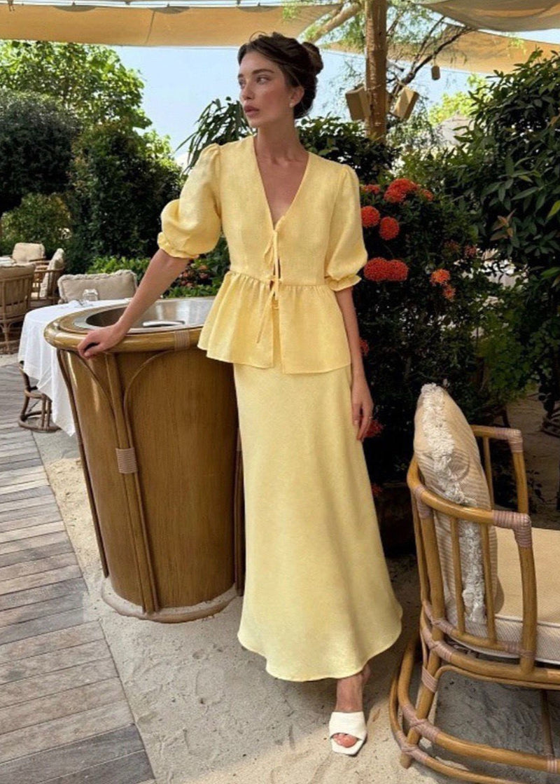 Solara - Puff Sleeve Cotton Set With Tie Waist and Maxi Skirt