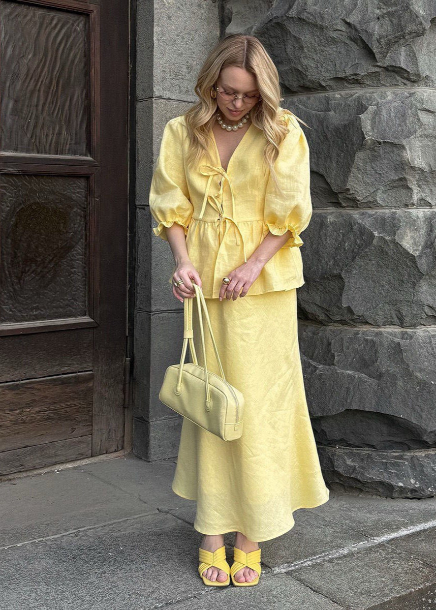 Solara - Puff Sleeve Cotton Set With Tie Waist and Maxi Skirt