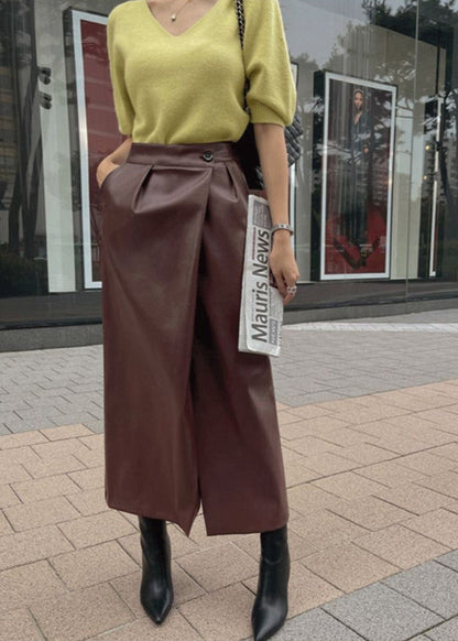 Brown Faux Leather Wrap Midi Skirt – High Waist Front Slit