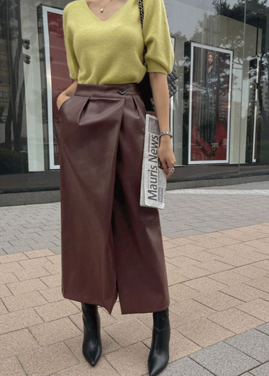 Brown Faux Leather Wrap Midi Skirt – High Waist Front Slit