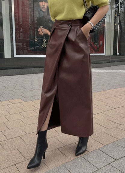 Brown Faux Leather Wrap Midi Skirt – High Waist Front Slit